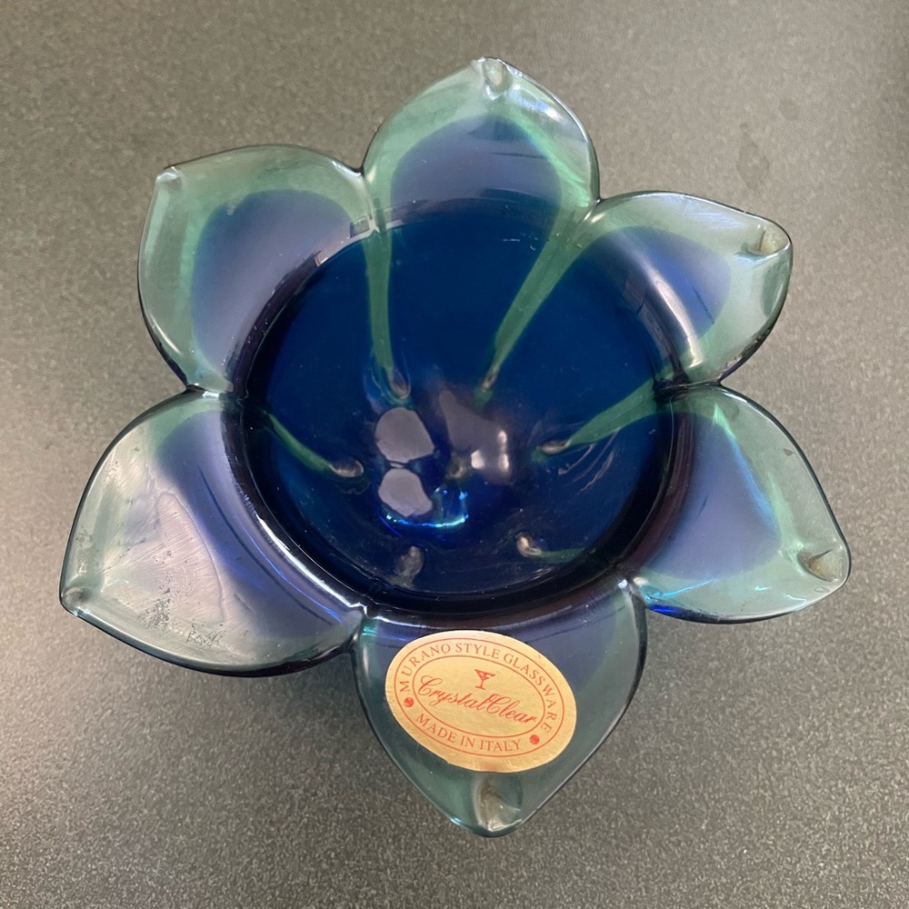 VTG Crystal Clear Glassware Murano Style Italy Decorative Blue Green Flower Dish